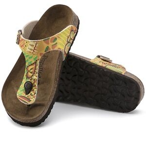 Birkenstock Papillio Gizeh Tribal Print Slides Sandal Flat Cork 8 Yellow Buckle